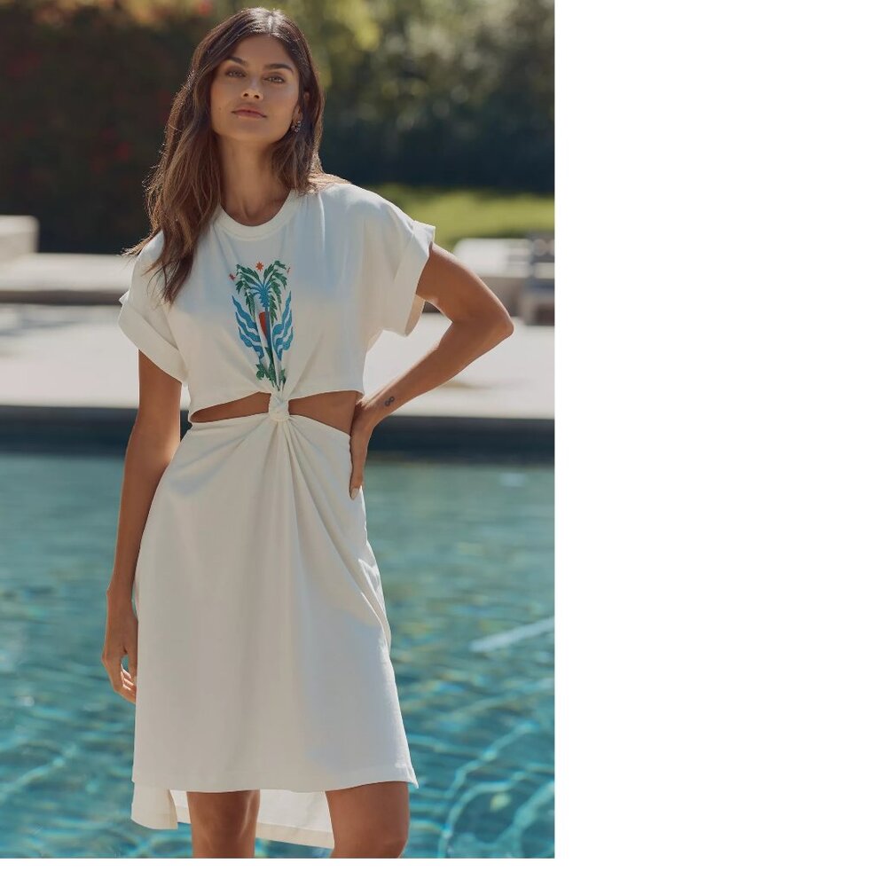 Anthropologie Cream Midi Dress with Blue & Green Botanical Detail
